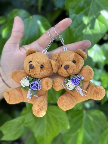 Güllü Ayıcık Pelüş Anahtarlık 10 cm Koyu Kahve Rengi (12'li Paket) - 1