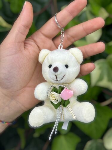 Güllü Ayıcık Pelüş Anahtarlık 10 cm Beyaz Renk 12'li Paket - 2