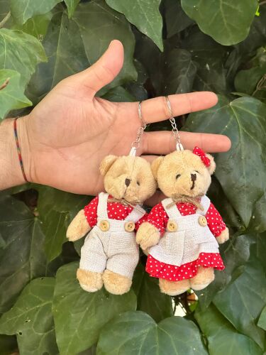Kırmızı Ekose Elbiseli Pelüş Ayıcık Anahtarlık Kahverengi Kız-Erkek 12'li Paket - 1